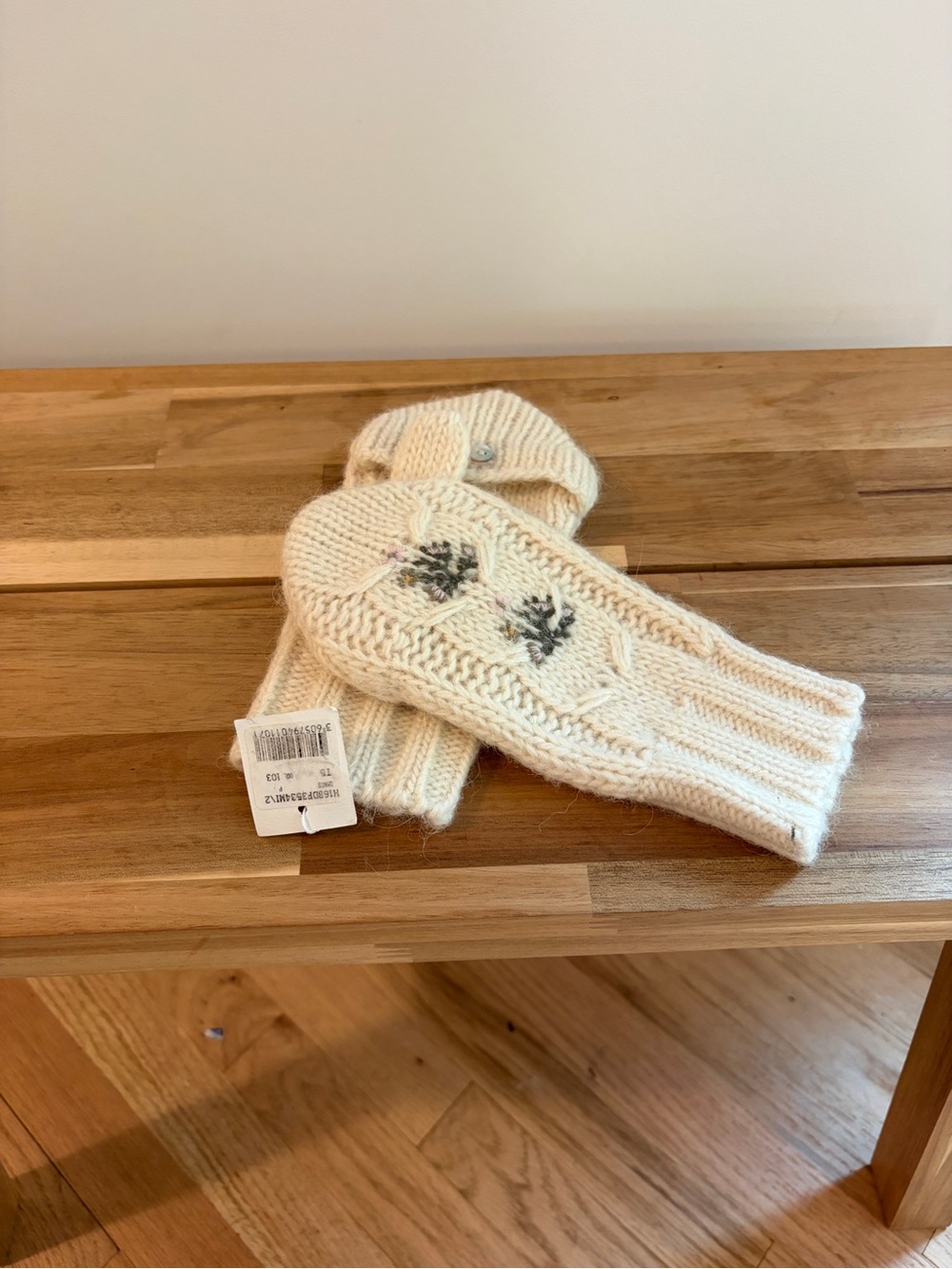 Bonpoint Cream Knit Kids Mittens with Floral Embroidery, alpaca wool blend, NWT